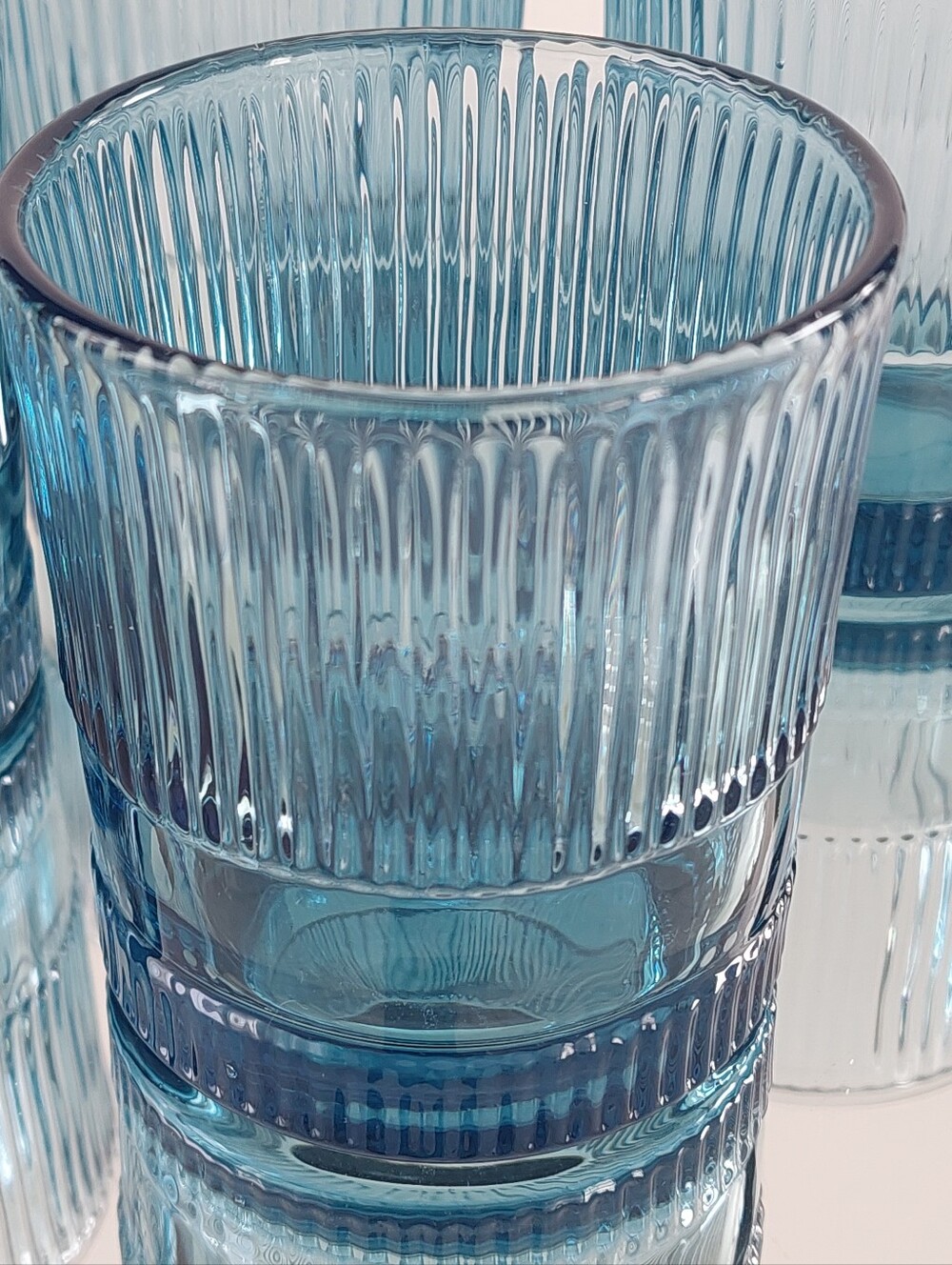 Blue Ribbed Double Old Fashioned Glasses Fluted Lowball Tumblers Set of 4